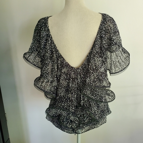 Badgley Mischka Navy Flouncy Mesh Ruffle Sequin Pleated Silk Top - Picture 6 of 11